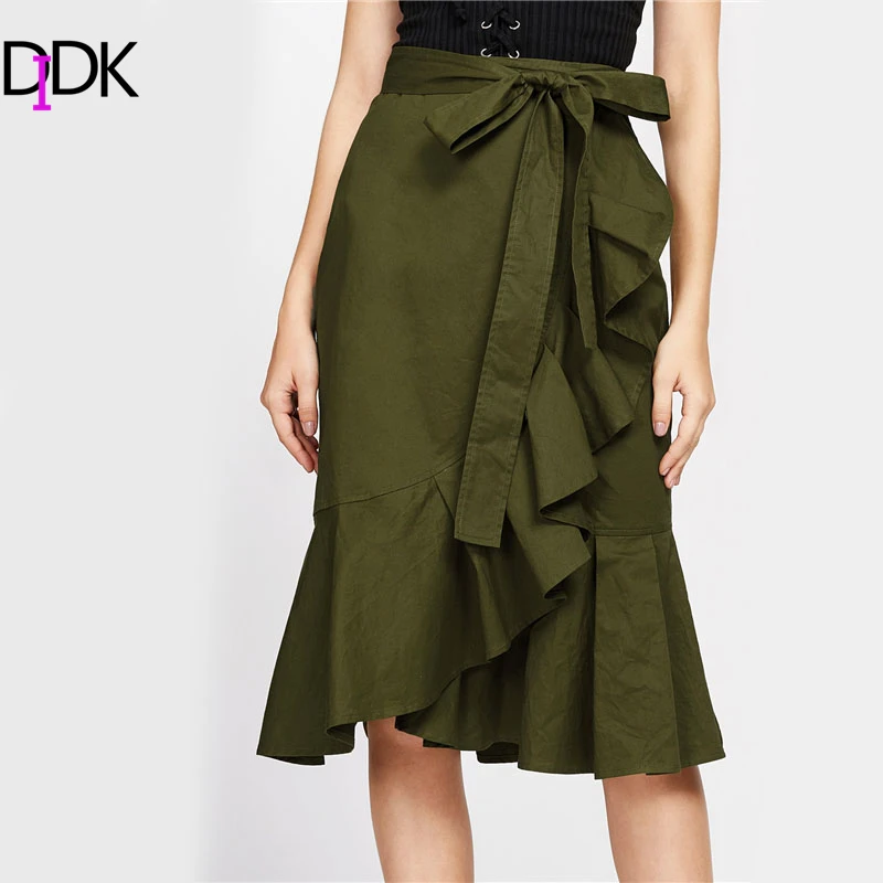 Image DIDK Green Self Tie Flounce Trim Wrap Skirt Autumn Asymmetrical A Line Casual Skirt Women s Knee Length Elegant Skirts