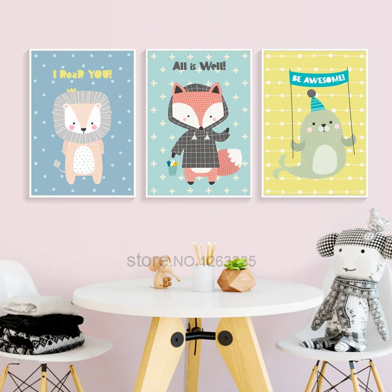 

Cute Fox Lion Wall Pictures For Living Room Cartoon Animal Nordic Poster Nursery Cuadros Nordic Style Kids Decoration Unframed