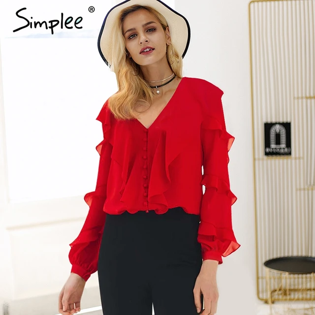 Simplee Elegant v neck long sleeve buttons women blouse shirt Ruffles ...