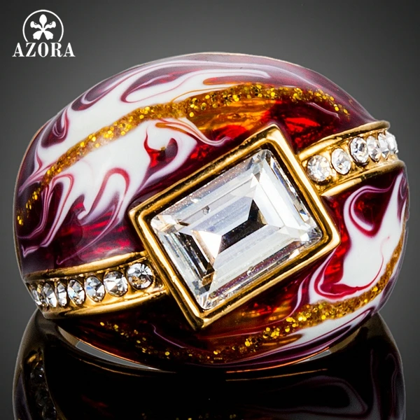 

AZORA Gold Color Clear Rectangle Stellux Austrian Crystal Red Oil Painting Pattern Ring for Women TR0151