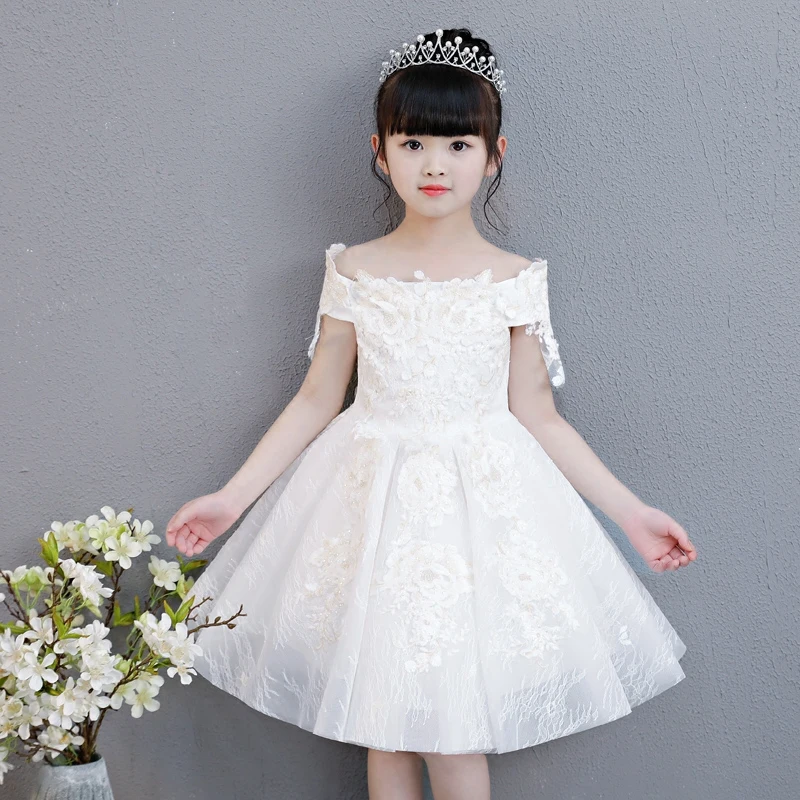 

Girls Kids Luxury Shoulderless Flowers Wedding Dress Tulle Babies Princess Birthday Evening Dress First Communion Gown for Girls