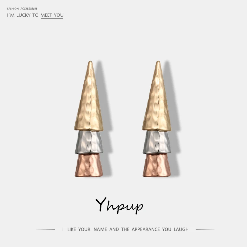 

Yhpup Top Quality Vintage Simple Three Layer Tricolor Metal European and American Long Big Earring Studs Jewelry