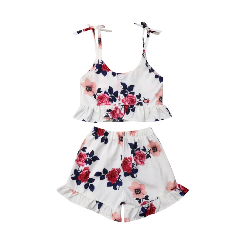 

0-3T Toddler Kids Baby Girl Clothes Floral Ruffle Tops Vest Shorts Pants Summer Outfits Set Infant Clothes