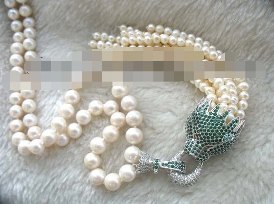 

11.25 freshwater pearl white round green leopard clasp necklace 18