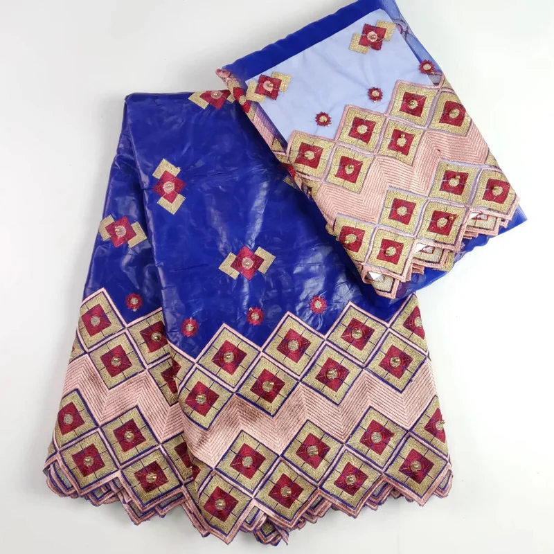 

(5+2 yards /set) royal blue African bazin lace fabric with embroidery and beads plus French lace for party dress BLW17