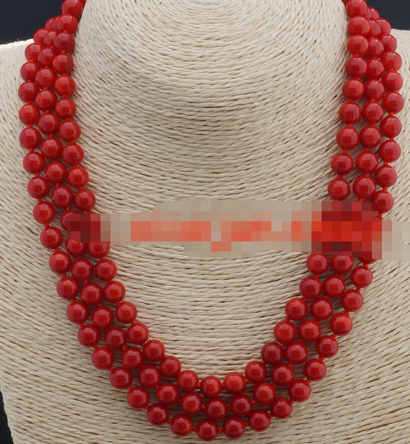 

FREE SHIPPING>>@> A906 Genuine 3 Rows 8mm Round Red Natural Coral Necklace