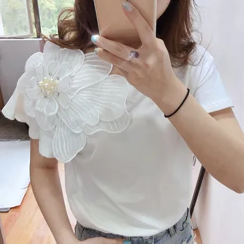 

2019 Summer White Solid 3D Flower T-Shirts O-Neck Women Elegant Slim Short Sleeve Party T-Shirts