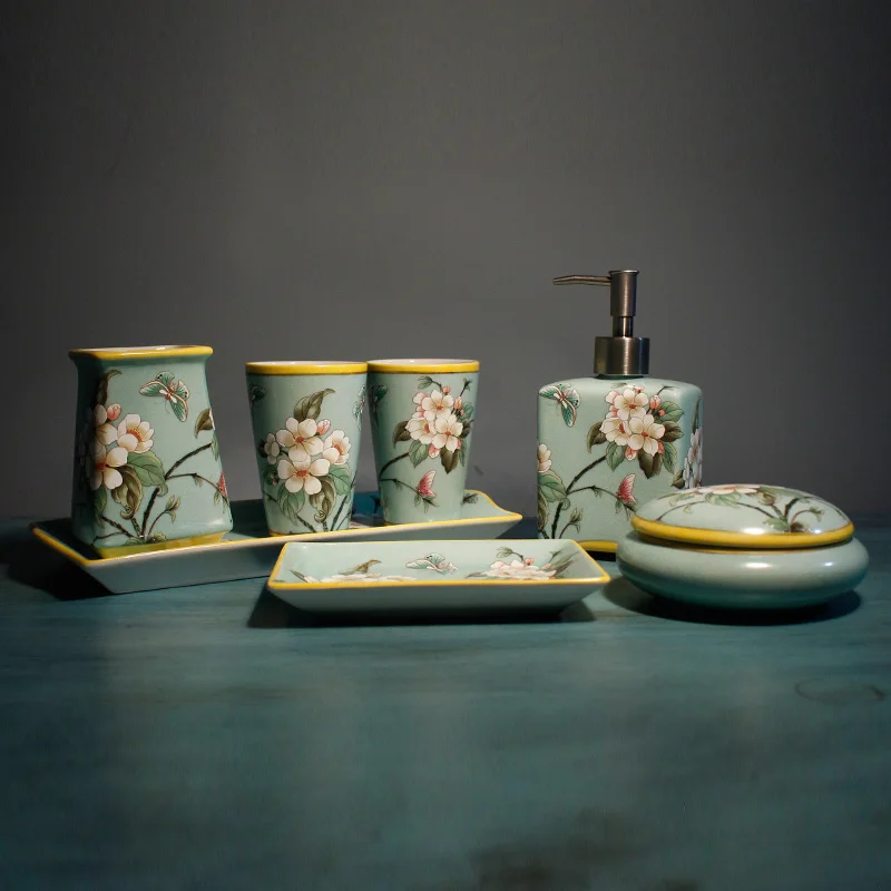 Chinese ceramic carved bathroom set 4 piece, American mug cup, soap