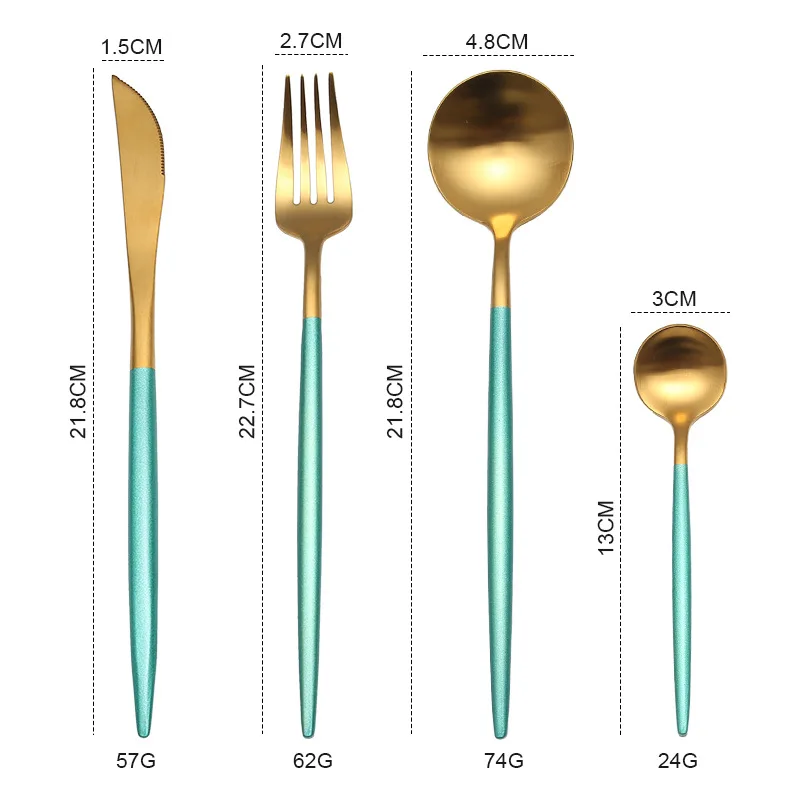 Набор столовых приборов Десертные Вилки Ножи Ложки палочки для еды нержавеющая сталь столовое серебро стейк посуда матовые серебряные столовые приборы посуда - Цвет: green gold