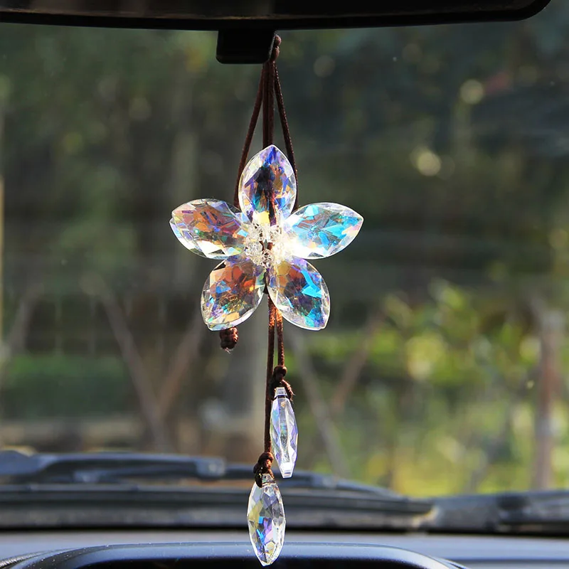 

3 Color Crystal Glass Hanging Ornaments Car Rearview Mirror Handmade Flower Crafts Home Decor Figurines Car Interior Accessories