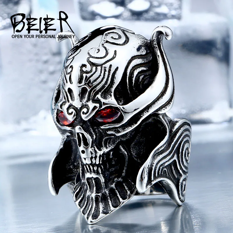 BEIER Cool Big Punk Stainless Steel Unique War Skull Head Ring For Man With red eye High Quality BR8-336
