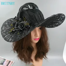 Британская винтажная черная белая шляпа, кружевная шляпа с перьями и цветами, высокое качество, женские свадебные шляпы