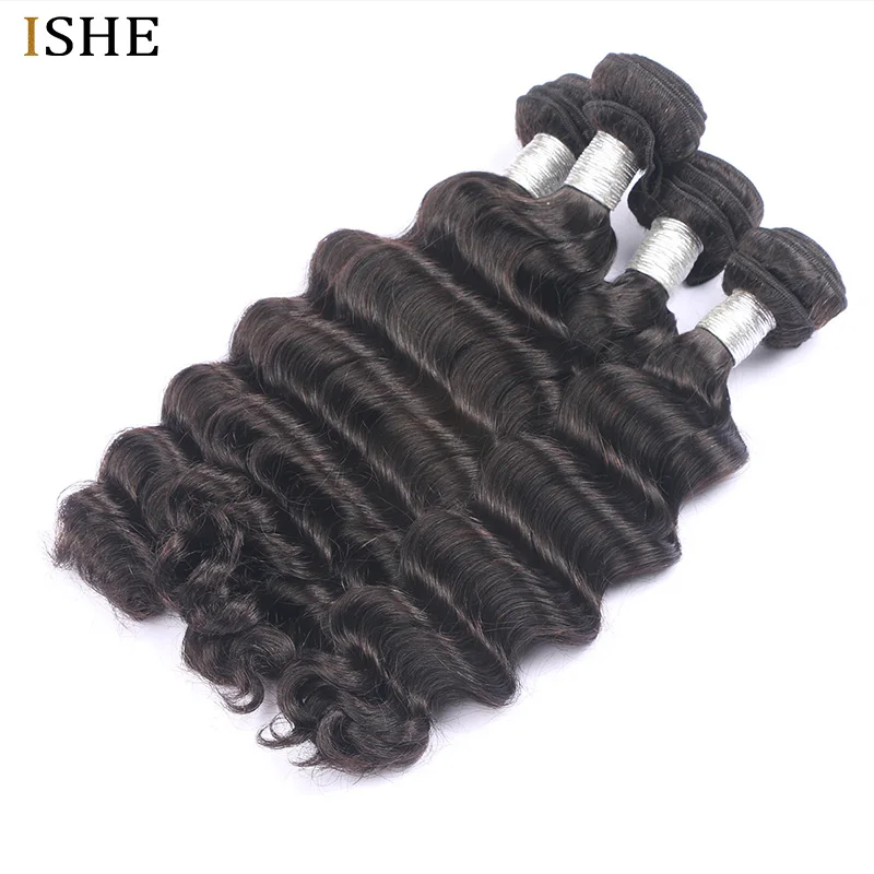 ISHE Hair Loose Deep Bundles Brazilian Hair Weave Bundles 100% Human Hair Bundles Natural Color 10-28 inch Remy Hair Weave 4 PCS