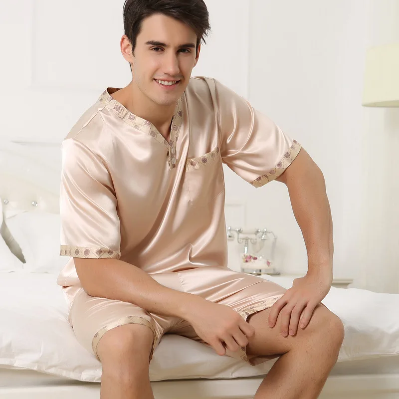 

Hot sale Men Silk Pajama Sets Summer Men's Pajamas Sexy Sleepwear Male Short-Sleeve Shorts Pajamas Fashion Men Homewear Sets