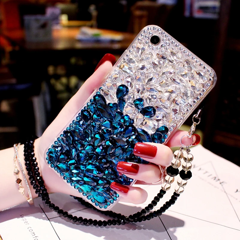 

For iPhone XS Max Bling Diamond Case Rhinestone Stone Jewelled Cover Case For iPhone XR XS With Pearl Lanyard