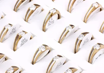 

Wholesale Lots 10Pcs Gold CZ Crystal Stainless Steel Ring Charms Sexy Men Women Wedding Engagement Party Valentine Gift FREE