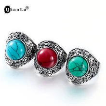 3 Colors Vintage Jewelry Round Green Stone Wedding Rings For Women Silver Plated Blue Ring 2017 New Fashion Accessories