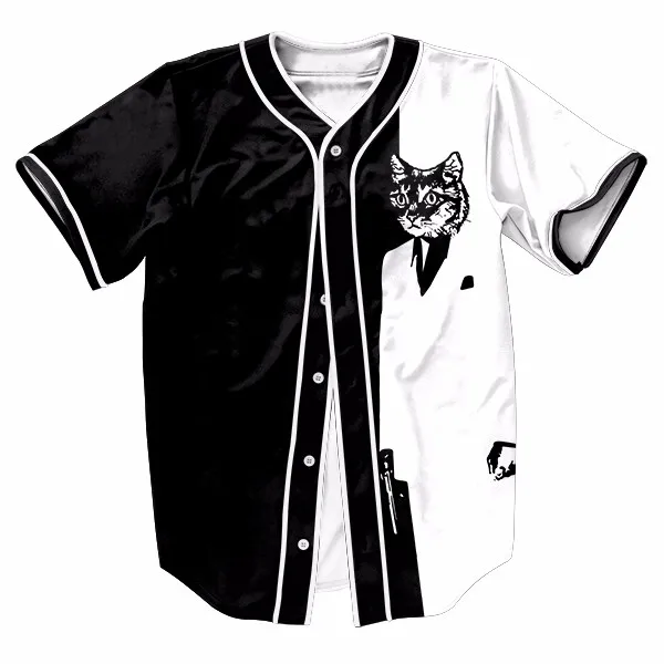 Black with White Cute Cat Mens Buttons Homme Baseball