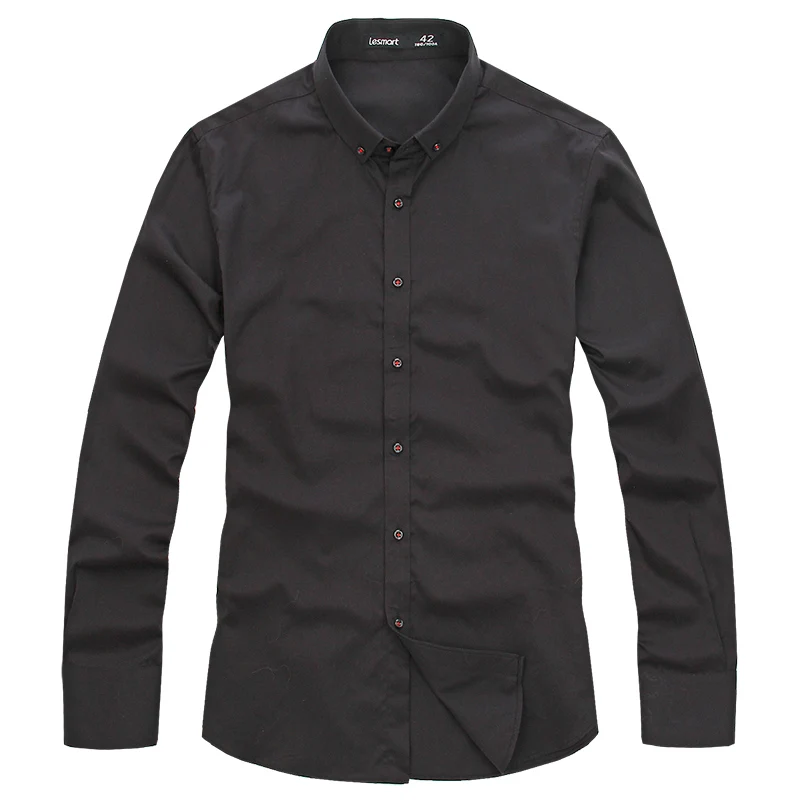 Lesmart Men Black Shirt Cotton Long Sleeve Turn down Collar Straight
