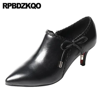 

stiletto black pointed toe shoes sheepskin genuine leather suede winter booties high quality bow women ankle boots medium heel