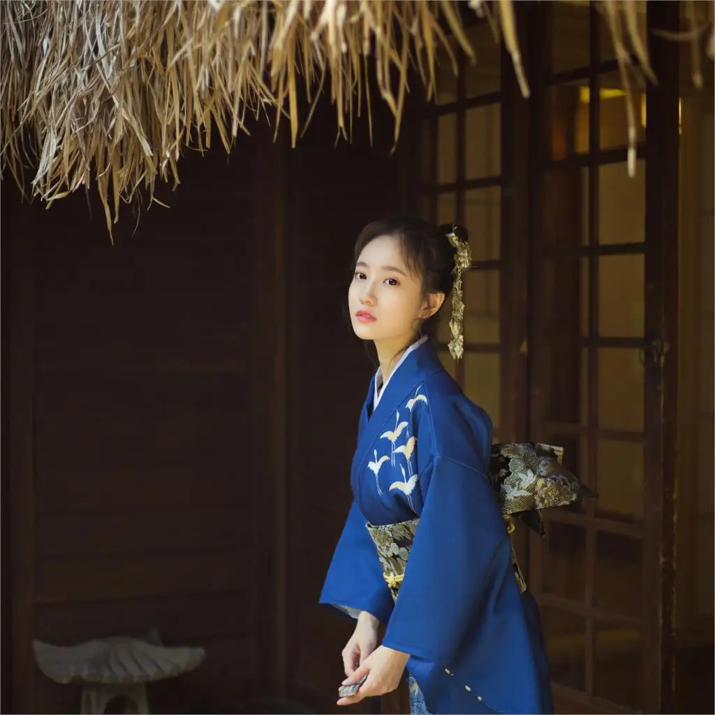 sellworld японское кимоно стиль юката Ретро Девушка Голубое платье женщина кран печати длинное платье с сумочкой