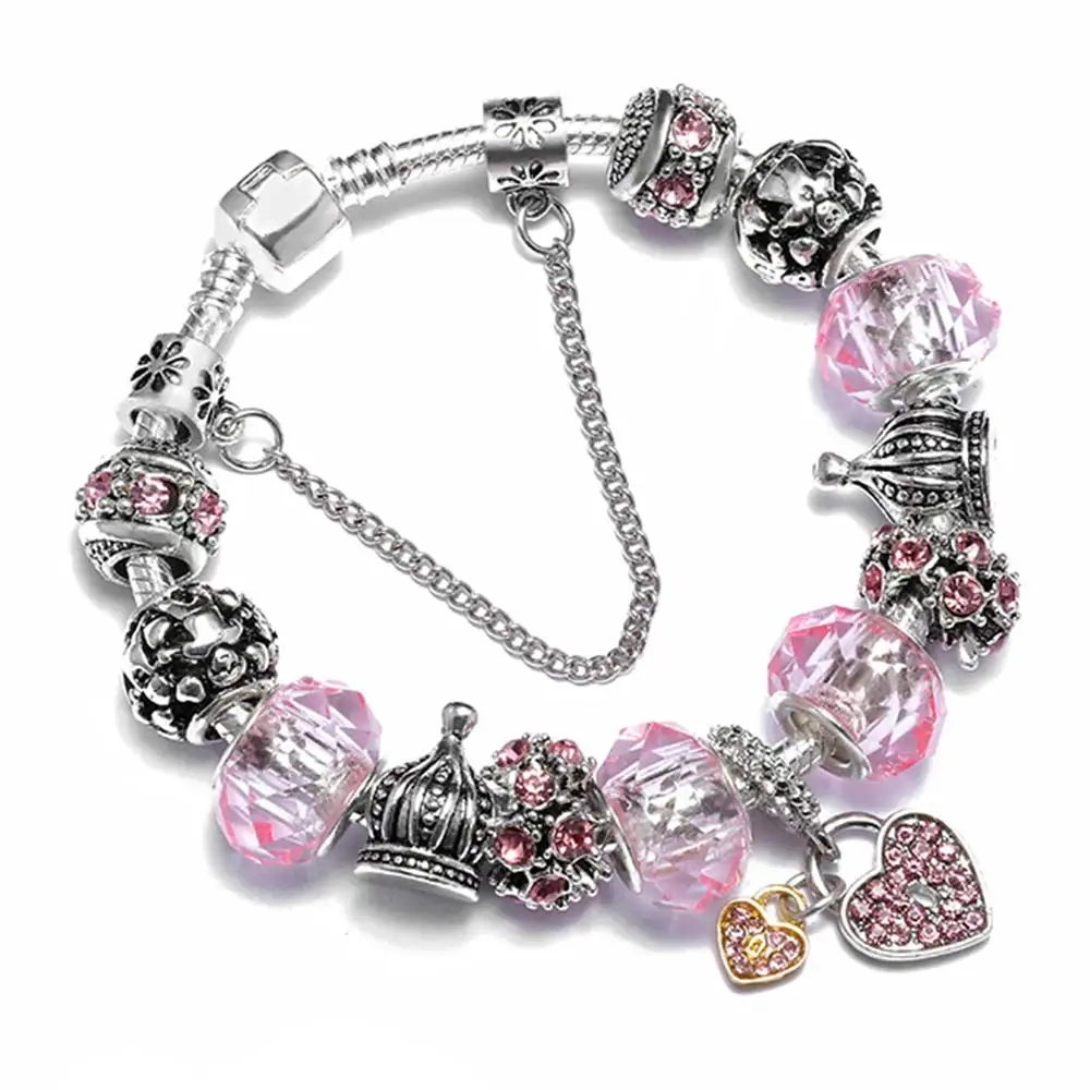 

DIY Beaded Bracelet Retro Style Beautiful Heart shape Lock Pendant Bracelets &amp Bangles Pulseira Steel Snake Chain Jewelry