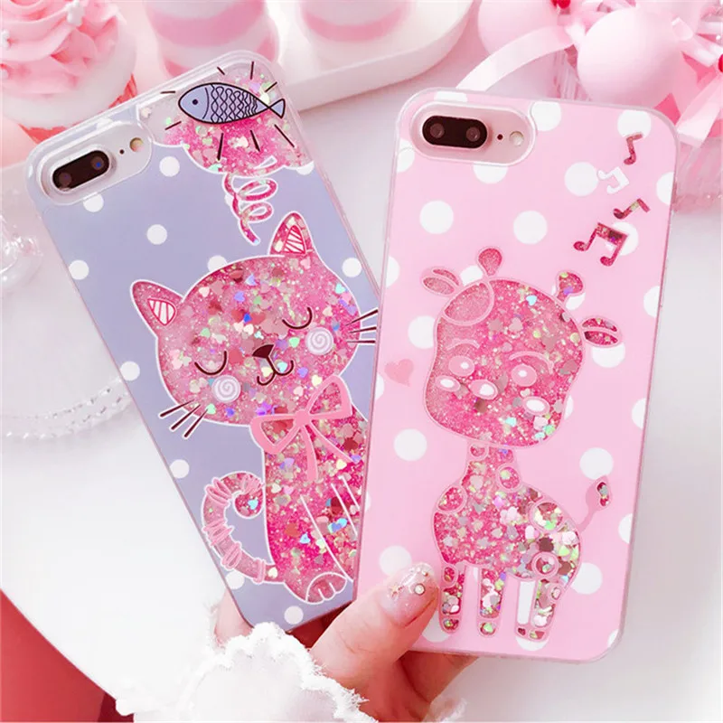 

Glitter Dynamic Cartoon Cat Fawn giraffe Elephant Liquid Quicksand Back Cover For iPhone 6 6 S 7 Case For iPhone 7 8 X 6S Plus