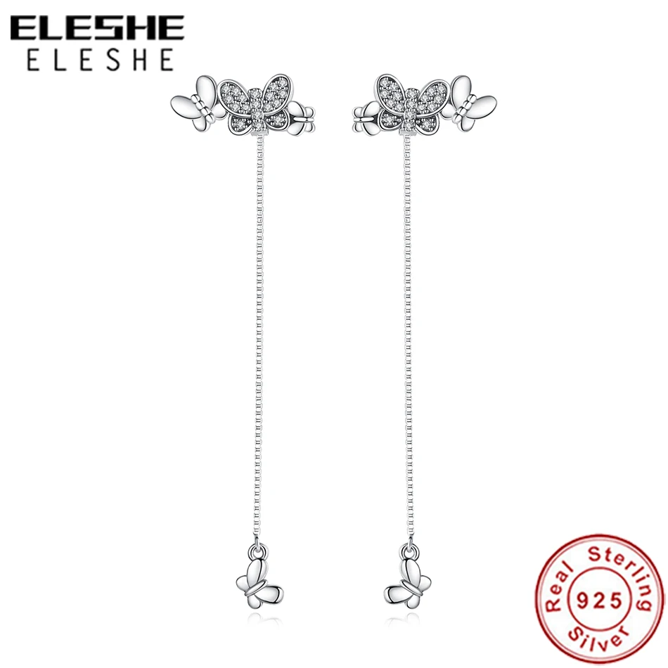 

ELESHE New Fashion 925 Sterling Silver Decorative Butterflies Stud Earrings with Rhinestone CZ Long Earrings For Women Jewelry