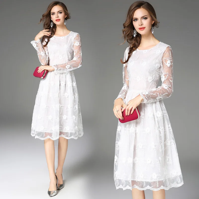 White Lace Short Bridesmaid Dresses O Neck Full Sleeves Dress For ...