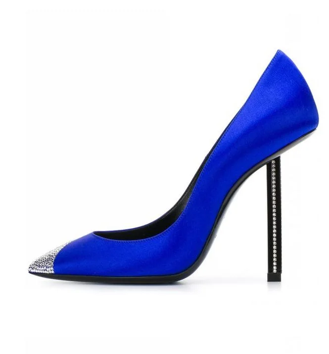 

Elegant Blue Satin Silk High Heels Pumps 12cm Women Sexy Fashion Crystal Pointed Toe Thin Heels Bridal Shoes Wedding