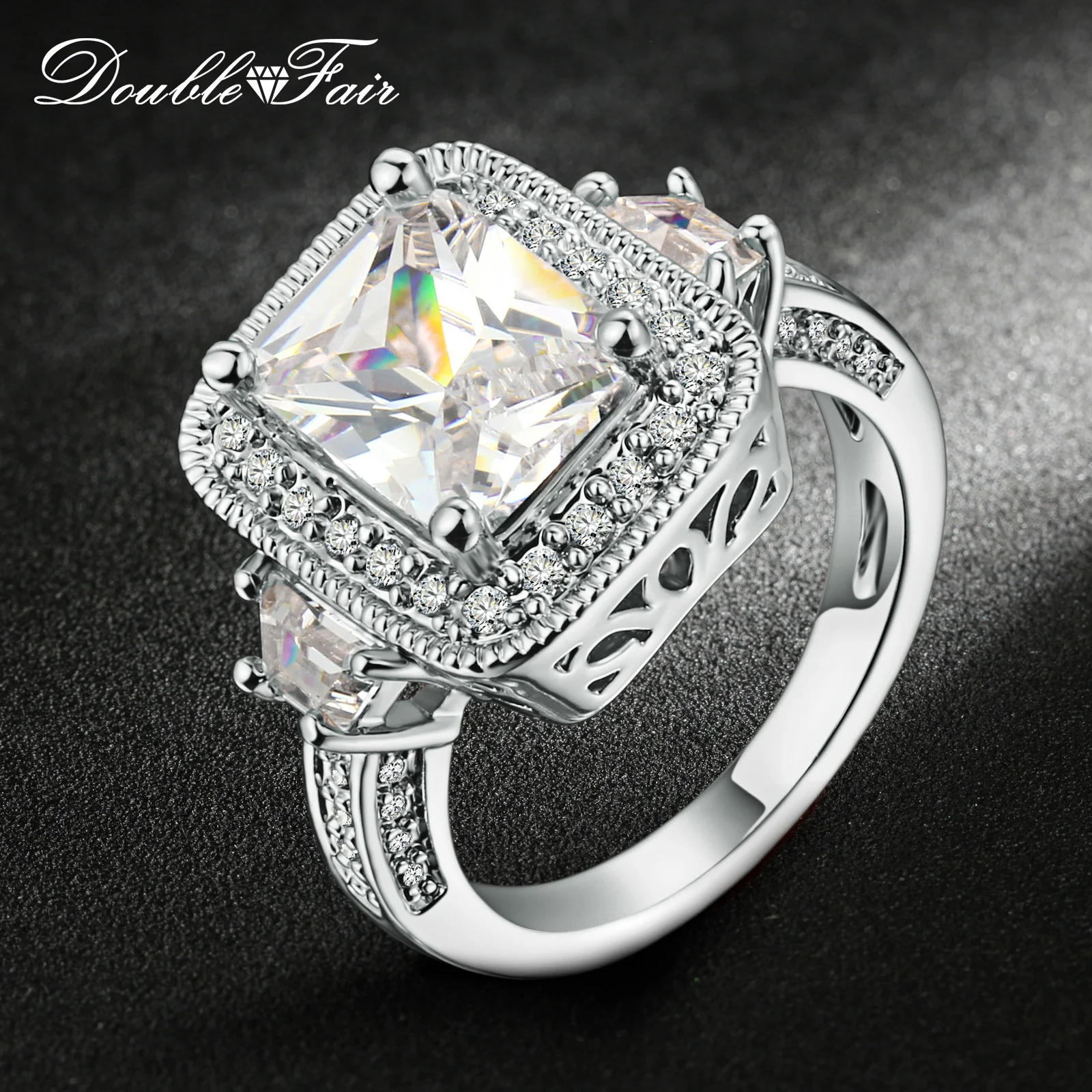 Double Fair Luxury Aaa Cz Stone Rings Silver Rose Gold Color