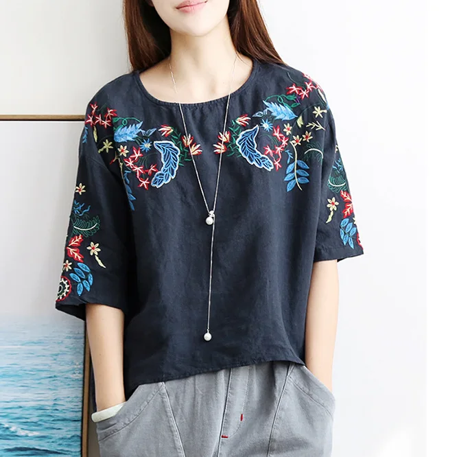

Women Summer Loose Plus Size Cotton and Linen Short Sleeve Shirt Ethnic Mori Girl Casual Floral Embroidery Blouse Shirt Tunic
