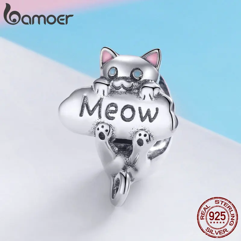 BAMOER Genuine 925 Sterling Silver Naughty Cat Beads Meow Cat Animal Charm fit Charm Bracelet DIY Jewelry Making Gift SCC874
