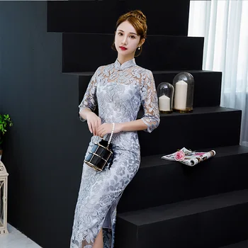 

2018 Long Cheongsam Vintage Chinese style Mandarin Collar Dress Womens Summer Qipao Slim Party Dresses Vestido S-XXXL