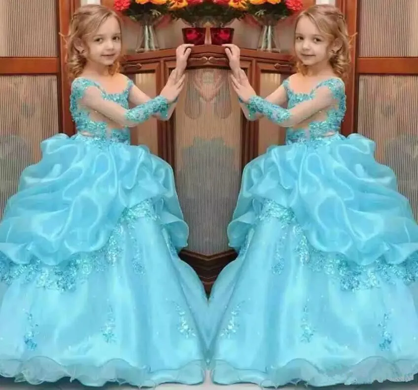 Princess Ball Gown Girls Pageant Dresses Beaded Kids Flower Girl Dress Sheer Neck Long Sleeves Custom Any Size цена Princess Ball Gown Girls Pageant Dresses Beaded Kids Flower Girl Dress Sheer Neck Long Sleeves Custom Any Size цены онлайн