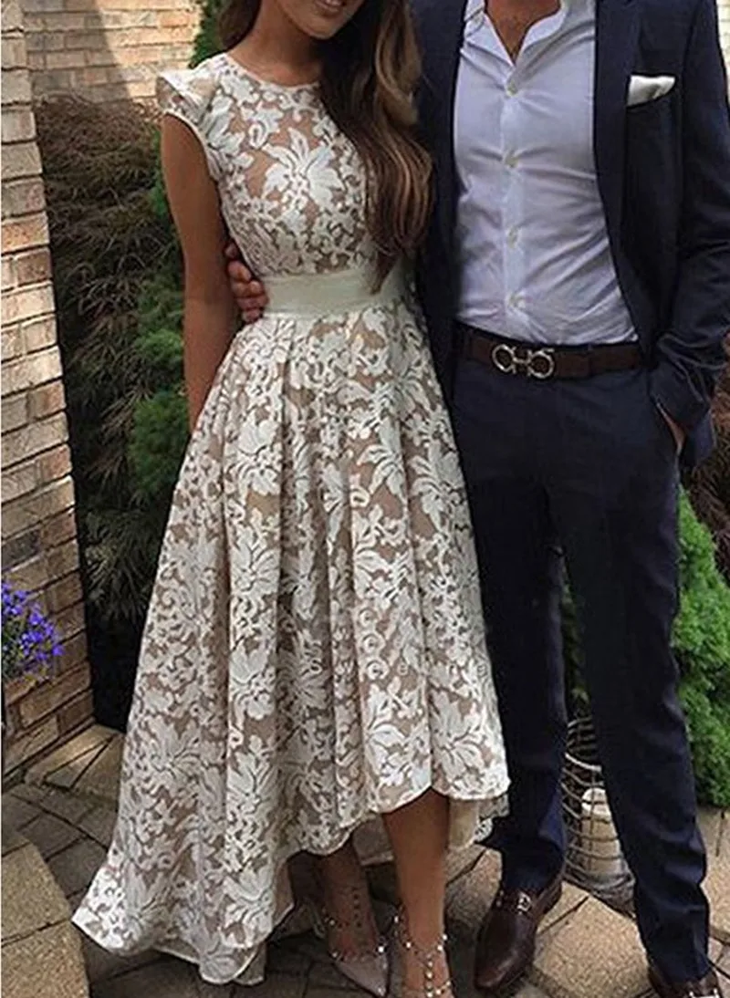 

Shrug Cap Sleeves High Low Lace Homecoming Party Dress