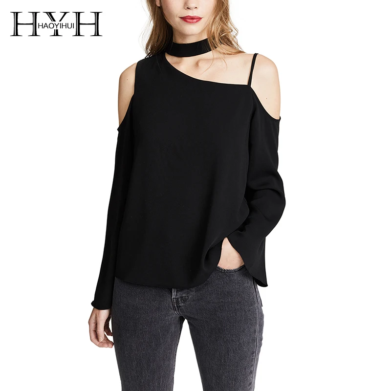 

HaoYiHui Women Halter Fashion Solid Blouse Asymmetrical Long Sleeve Batfly Sleeeve Backout Lady Off Shoulder Sexy Tops