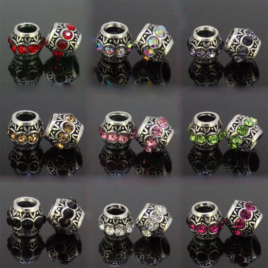 

Tibetan Silver Color Cylindrical Beads Motley Rhinestone Crystal European Large Hole Charm Spacer For DIY Jewelry Bracelet 10pcs