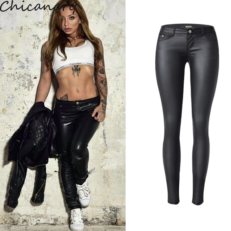 Chicanary Womens Stretchy Low Waist Faux PU Leather Skinny