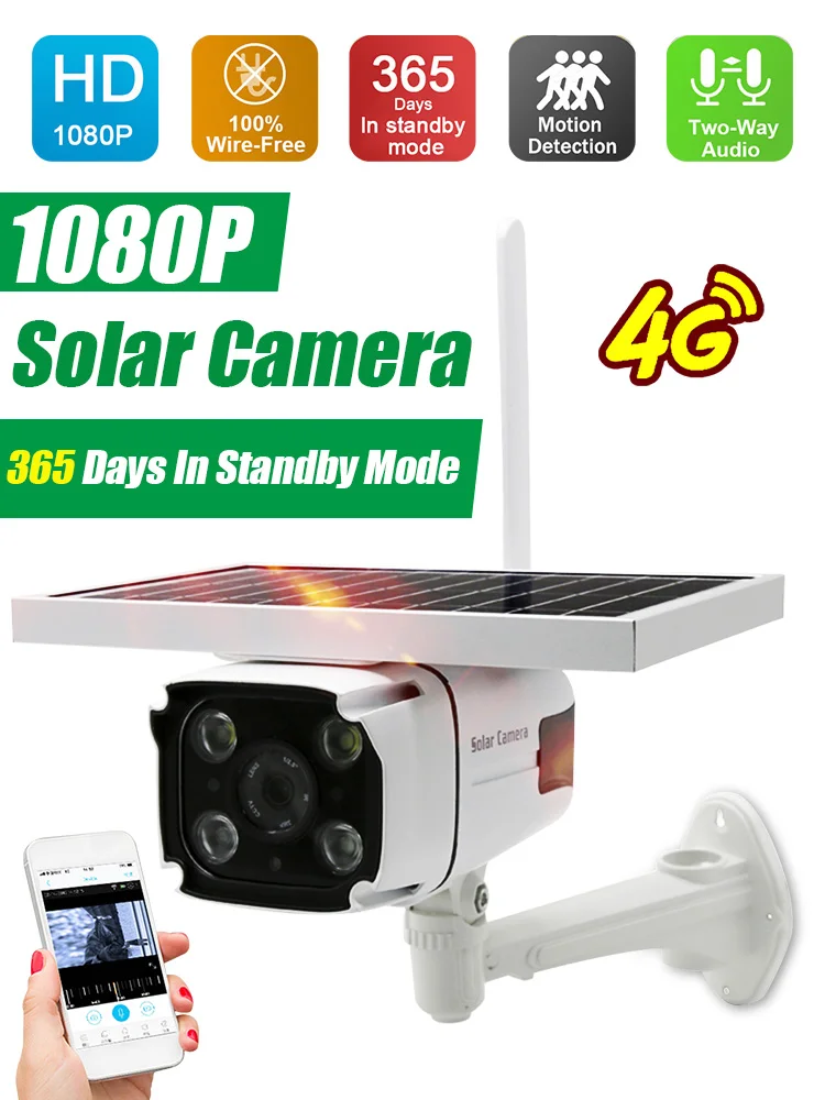 

Waterproof 365 Days Standby 4G Solar Camera with 10400mah Battery Night Vision 2MP 1080P HD Outdoor Solar Camera with Speaker