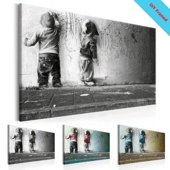 

DIY Framed Canvas Painting Boys Scrawl Wall Art Sparring Canvas Prints Banksy Graffiti Canvas Wall Art for Wall Decor Abstract