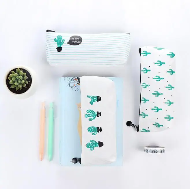 

1Pcs/set Cute Brief Style Green Cactus Canvas Large Capacity Pencil Bag Stationery Storage Organizer Case School Supply
