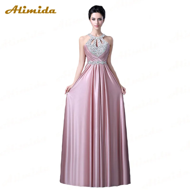 

ALIMIDA Long Satin Evening Dress 2017 Beading Prom Dresses Sexy Back Sleeveless Party Dresses Corset Vestido De Festa