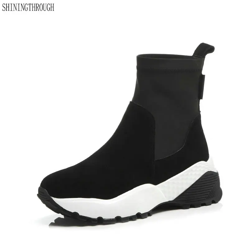 

Ne genuine leather wedges heels slip-on round toe ankle boots outside casual winter warm black shoes woman