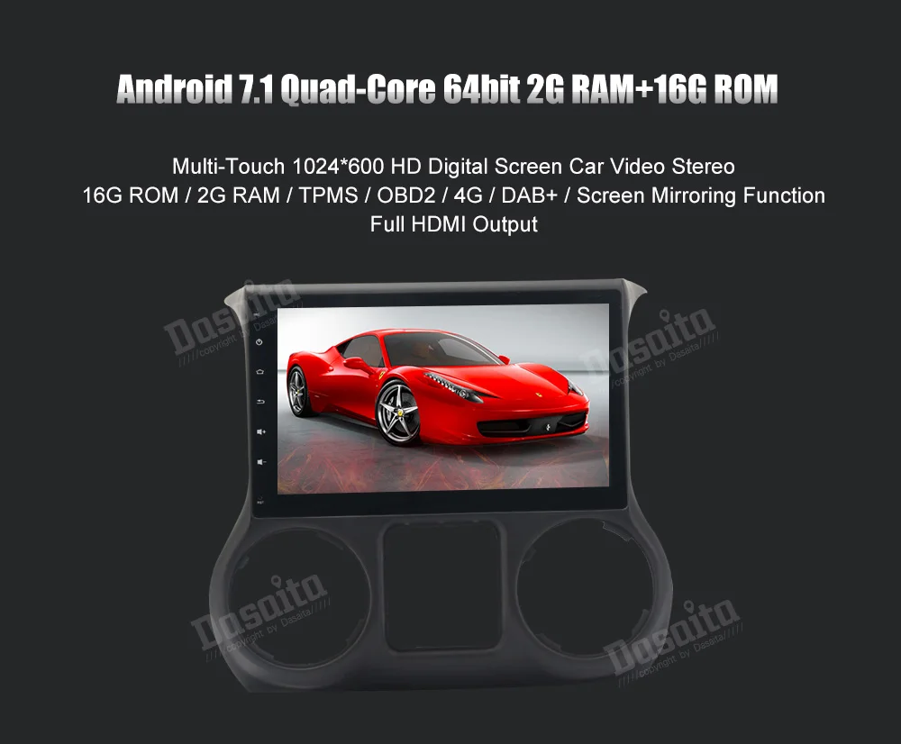 Best Dasaita 10.2" Android 7.1 Car GPS Player Navi for Jeep Wrangler 2011-2016 with 2G+16G Quad Core NO DVD Radio Multimedia HDMI 4G 4