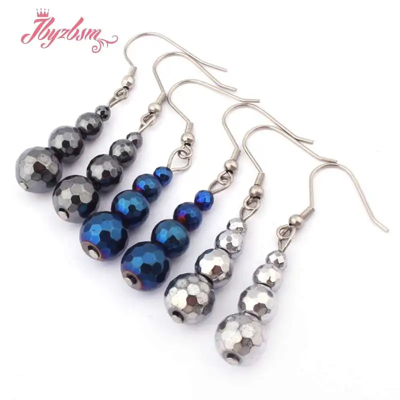 

4-10mm Round Faceted (No Magnetic) Black Silver Blue Hematite Natural Stone Earrings 1 Pair Fashion Jewellery for Women Gift
