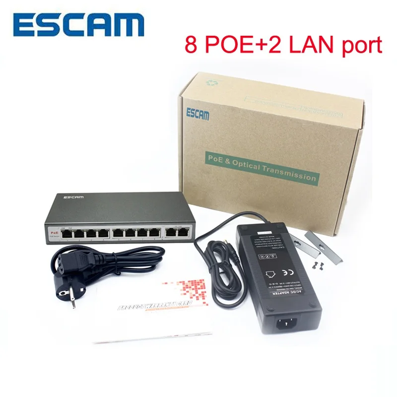 ESCAM 8CH POE Switch 10/100M 150m Distance 120W DC& 2Lan Port IP Camera CCTV System NVR POE Power Supply Adapter