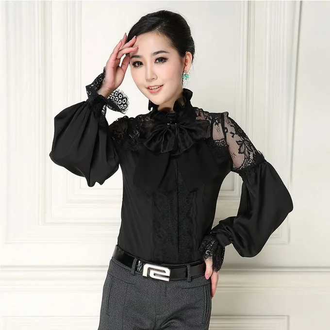 PLENTOP-Ladies Tops-Women Fashion Solid V-Neck Lace Patchwork Bow Long Pagoda Sleeve Short Blouse Black