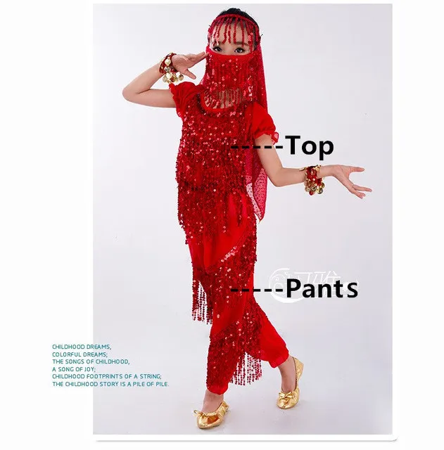Набор костюма для танца живота для детей Болливуд Индийский танец живота девушки представление с коротким рукавом танец живота ткань - Цвет: Red 2pcs