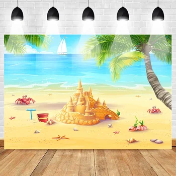 

Cartoon Gold Sea Beach Style Backdrop Photography Summer Palm Tree Fairy Tale Castle Background Crab Conch Starfish Boat